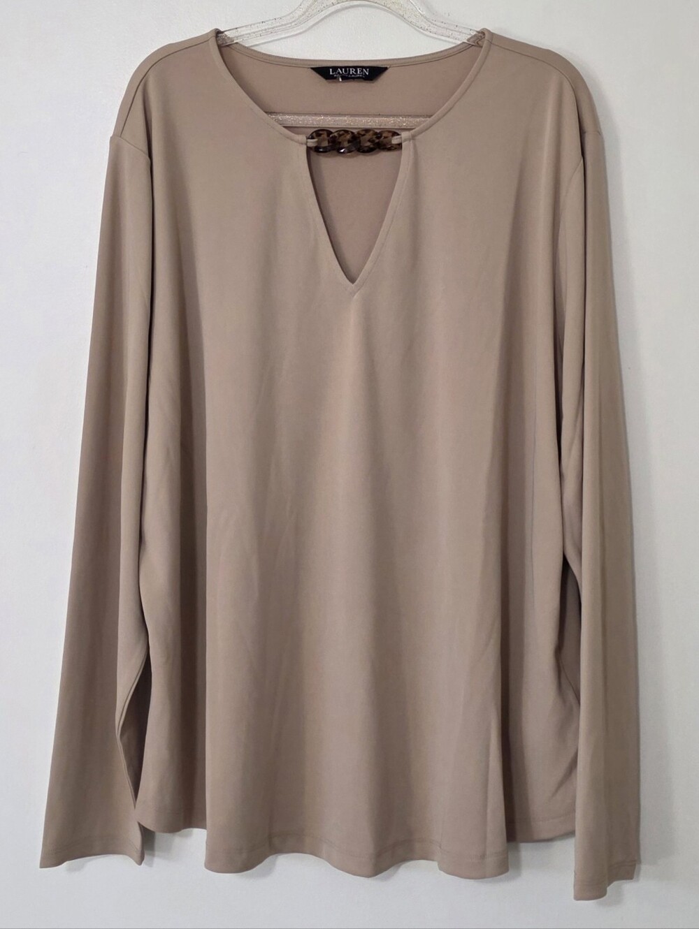 Lauren Ralph Lauren Tortoiseshell Chain Trim Stretch Jersey Top Quiet Luxury 2X